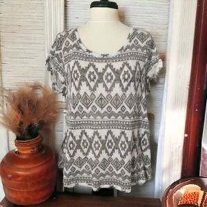 Slouchy Sheer Top Slub Knit Gauzy Aztec Southwestern Pullover Shirt Hi Lo Hem M.